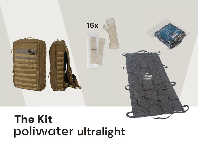 Zawartość zestawu Poliwater ultralight: plecak medyczny, opatrunki Poliwater i nosze ratunkowe